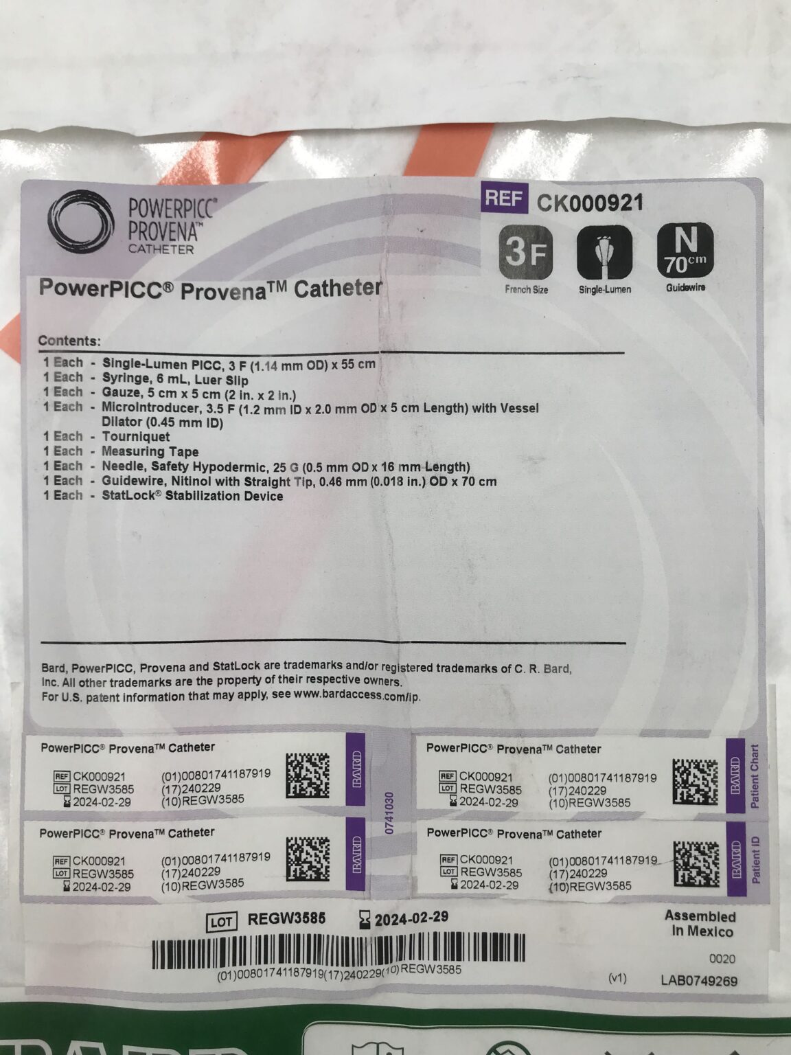 BARD CK000921 PowerPICC Provena Single Lumen Catheter 3F x 70cm(X