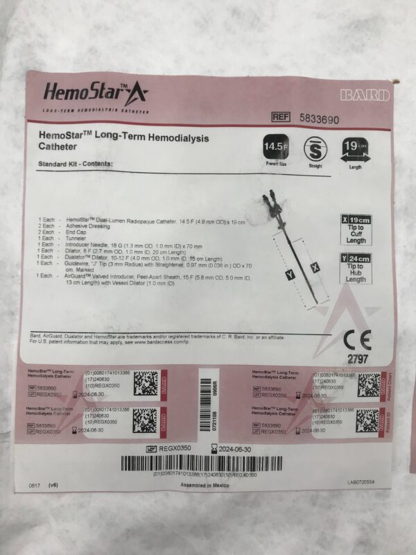 BARD 5833690 HemoStar Long-Term Hemodialysis Catheter Standard Kit 14.5F x 19cm (X)
