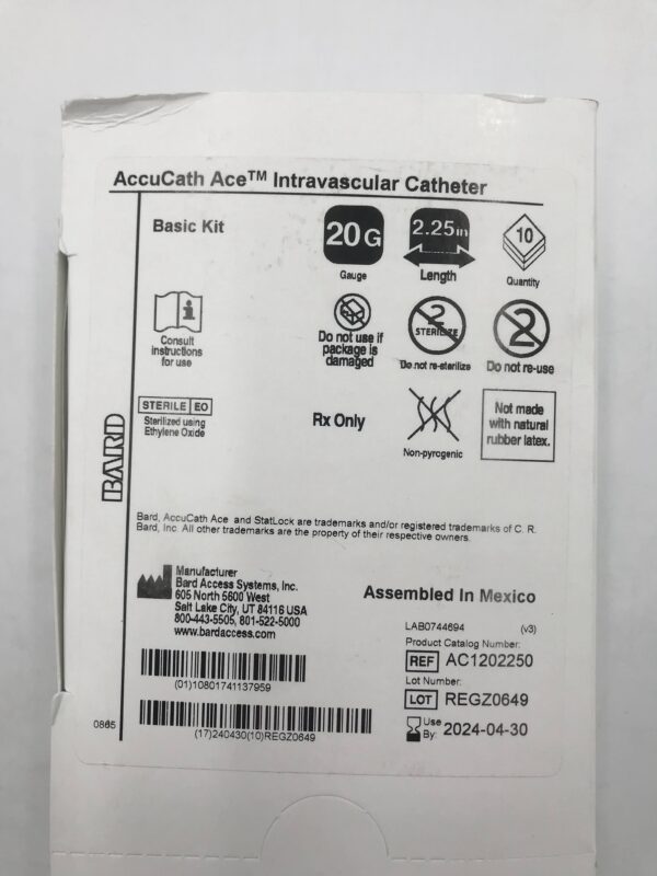 BARD AC1202250 AccuCath Ace Intravascular Catheter Basic Kit 20G x 2.25in (10/Box)(X)