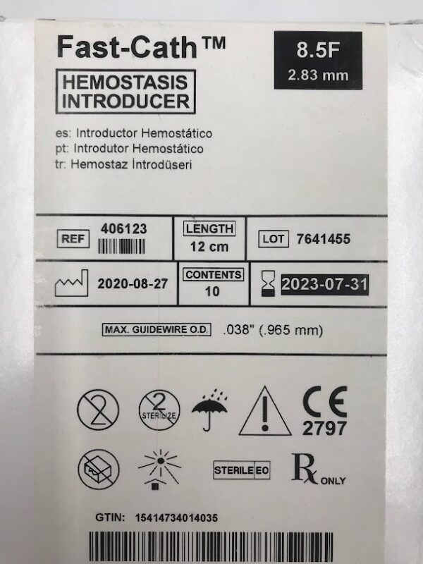 ST. JUDE 406123 Fast-Cath Hemostasis Introducer 8.5F (10/Box) (X)