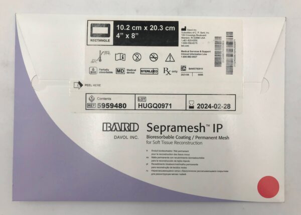 BARD 5959480 Sepramesh IP Bioresorbable Coating / Permanent Mesh for Soft Tissue Reconstruction 10.2cm x 20.3cm(X)
