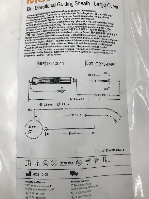 BIOSENSE WEBSTER D140011 Mobicath Bi-Directional Guiding Sheath-Large Curve 8.5cm Length 72cm (X)
