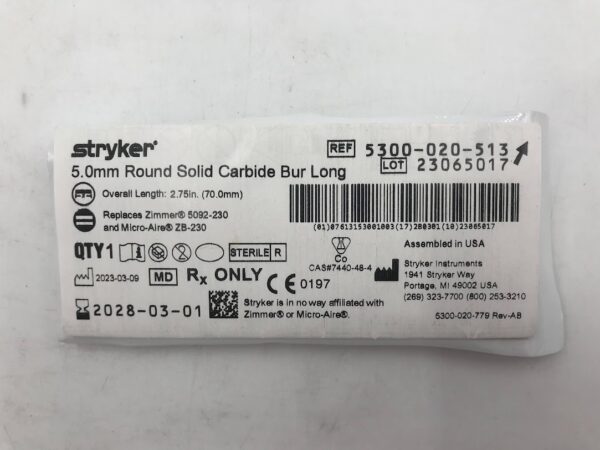 STRYKER 5300-020-513 Round Solid Carbide Bur Long 5.0mm (X)