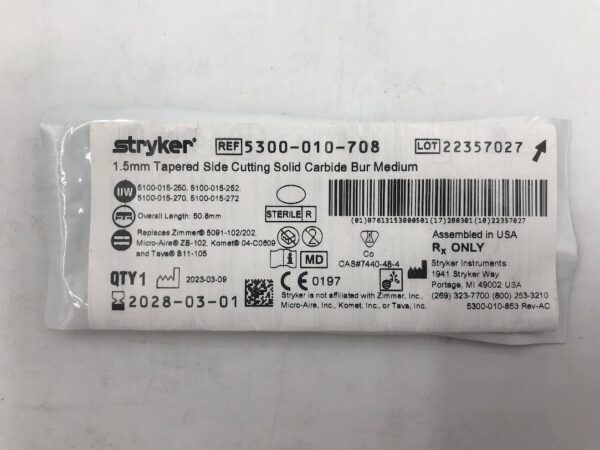 STRYKER 5300-010-708 Tapered Side Cutting Solid Carbide Bur Medium 1.5mm