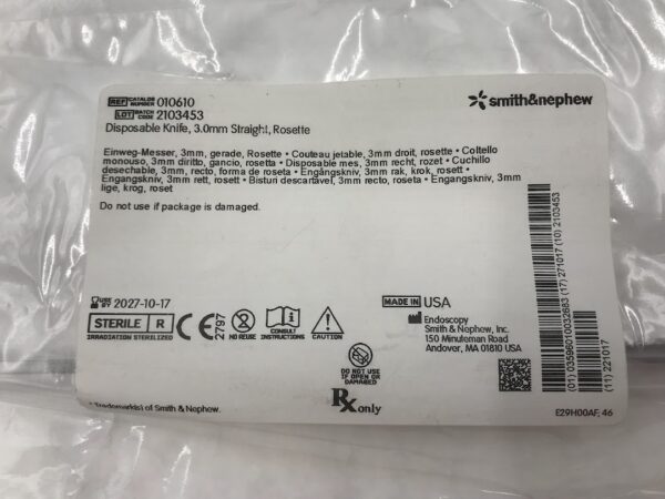 SMITH & NEPHEW 010610 Disposable Knife 3.0mm Straight Rosette