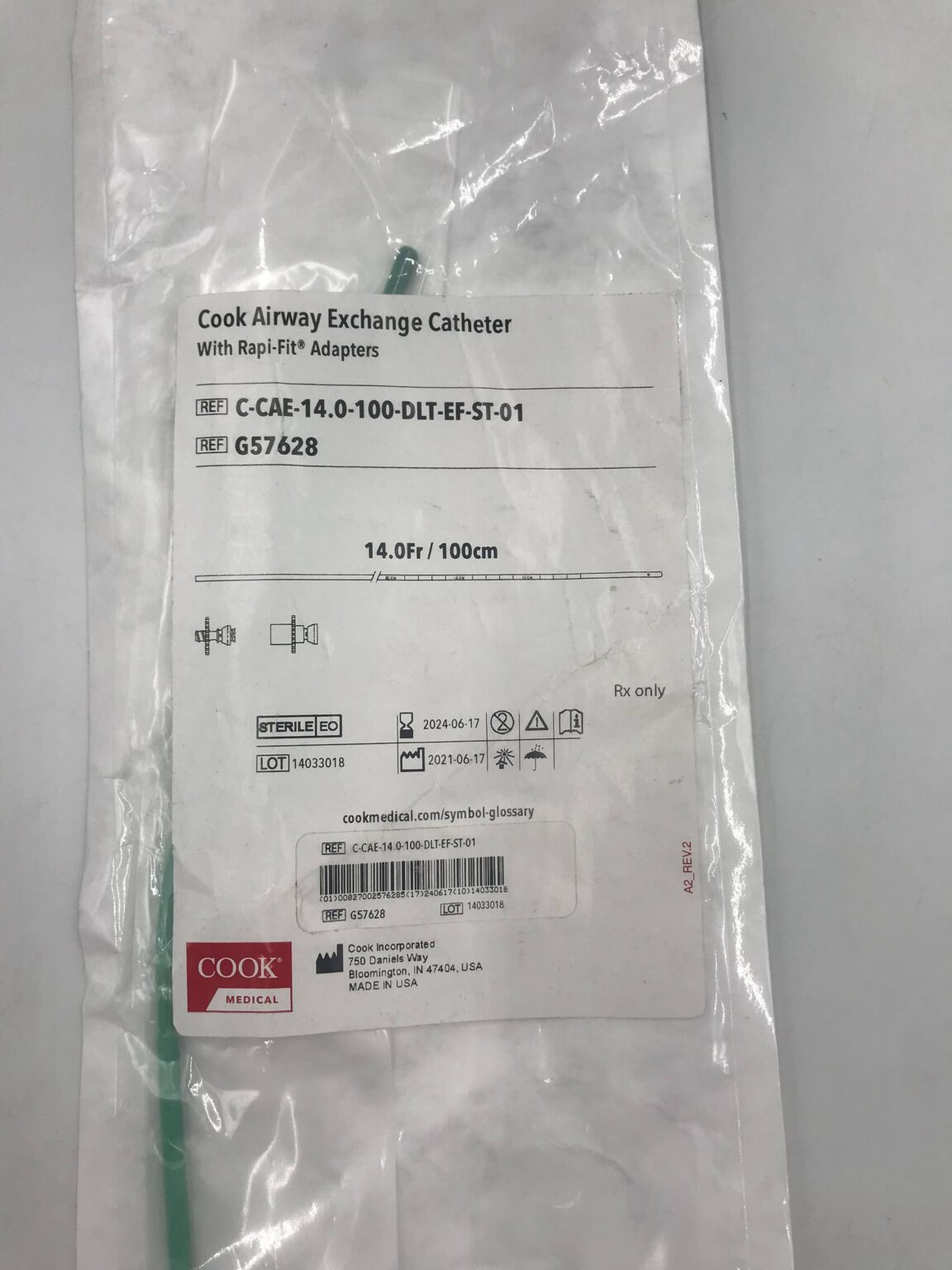 COOK G57628 Airway Exchange Catheter w/ Rapi-Fit Adapter 14F