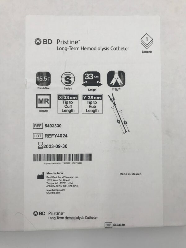BD 5403330 Pristine Long-Term Hemodialysis Catheter, Straight 15.5F x 33cm (X)