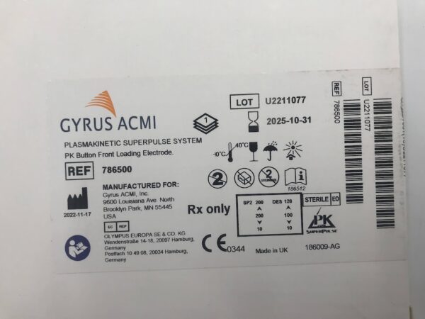 GYRUS 786500 Plasmakinetic Superpulse System PK Button Front Loading Electrode