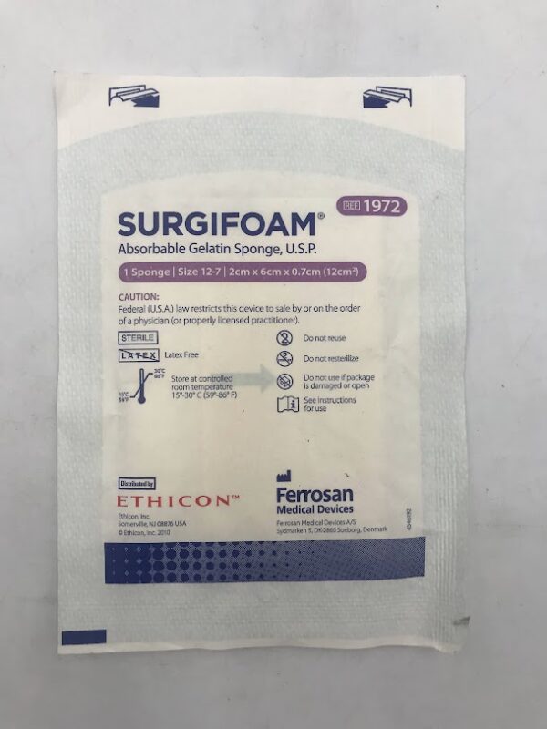 ETHICON 1972 Surgifoam Absorbable Gelatin Sponge, U.S.P., 2cm x 6cm x 0.7cm (X)
