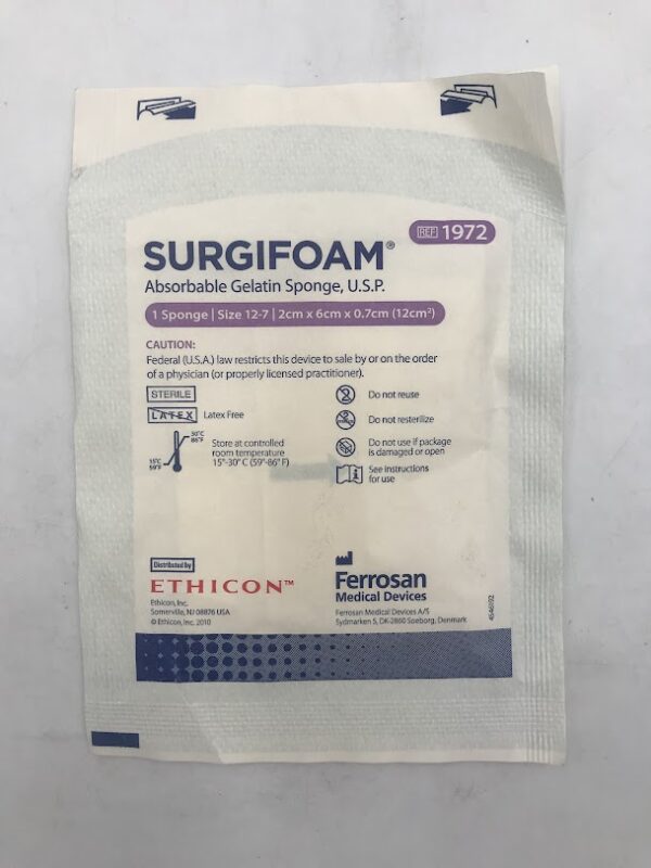 ETHICON 1972 Surgifoam Absorbable Gelatin Sponge, U.S.P., 2cm x 6cm x 0.7cm