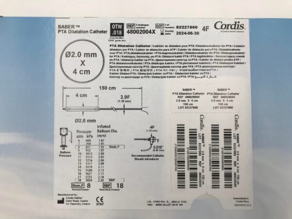 CORDIS 48002004X SABER PTA Dilatation Catheter OTW 4F x 2mm x 4cm (X)