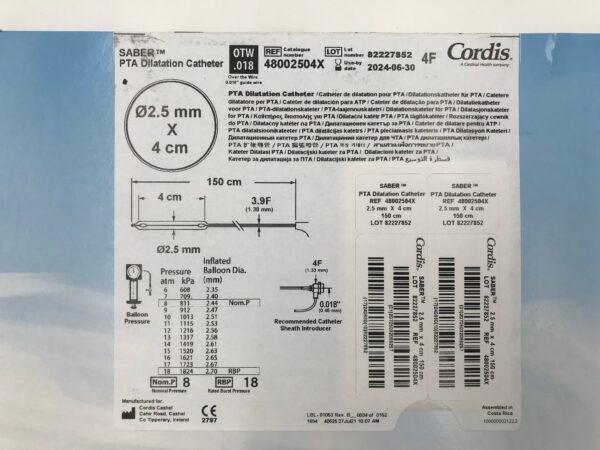 CORDIS 48002504X SABER PTA Dilatation Catheter OTW 4F x 2.5mm x 4cm (X)