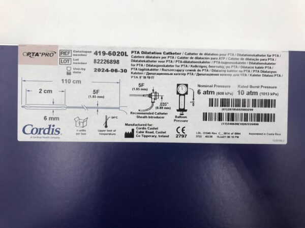 CORDIS 419-6020L  OPTA Pro PTA Dilation Catheter 5F x 6mm x 2cm x 110cm(X)