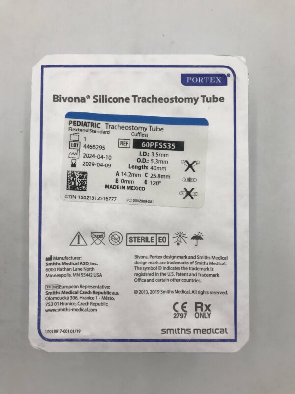 SMITHS MEDICAL 60PFSS35 Portex Bivona Silicone Tracheostomy Tube, Flextend Standard, Cuffless 40mm