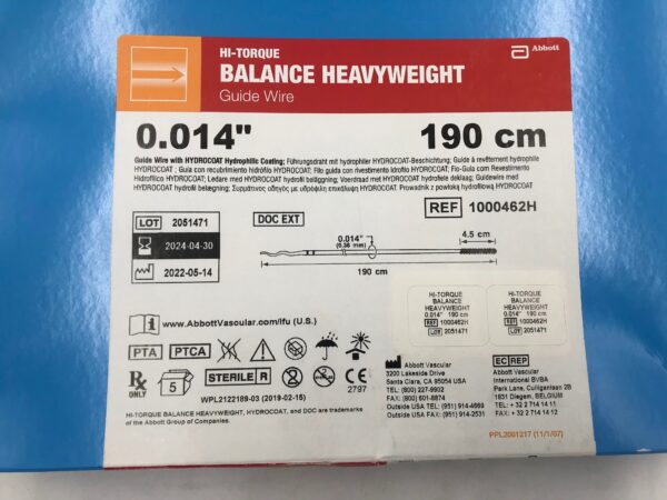ABBOTT 1000462H Hi-Torque Balance Heavyweight Guide Wire w/ Hydrocoat Hydrophilic Coating 190cm (5/Box)(X)