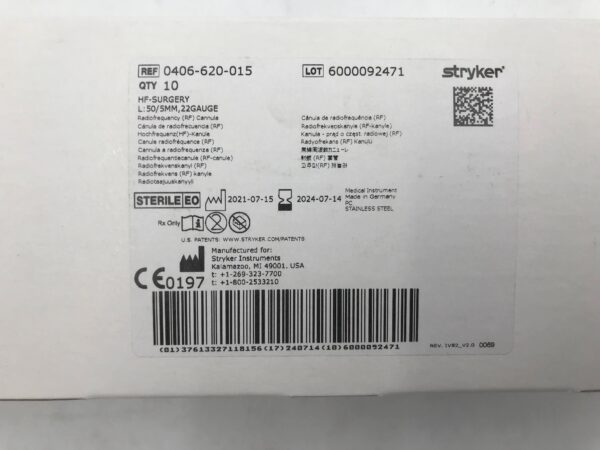 STRYKER 0406-620-015 HF-Surgery Radiofrequency Cannula 50/5mm x 22G (10/Box)(X)
