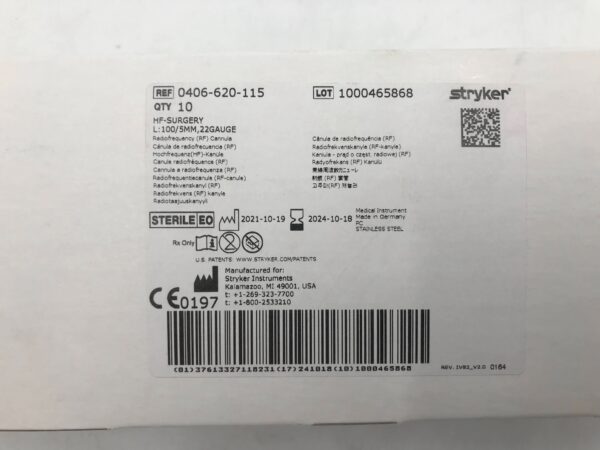 STRYKER 0406-620-115 HF-Surgery Radiofrequency Cannula 100/5mm x 22G (10/Box)(X)
