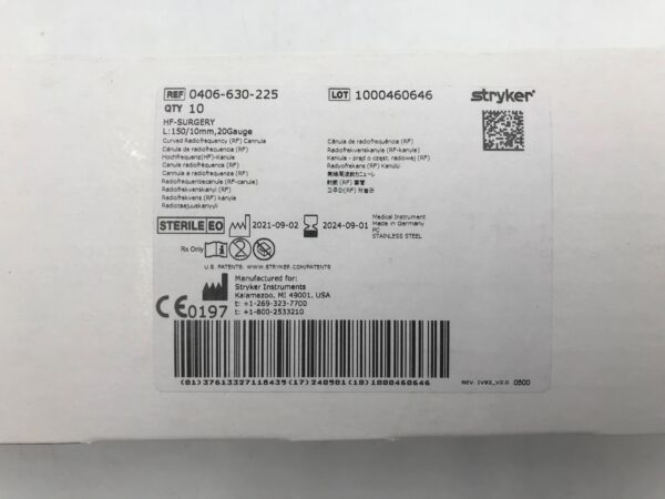STRYKER 0406-630-225 HF-Surgery Curved Radiofrequency Cannula 150/10mm x 20Ga (10/Box)(X)