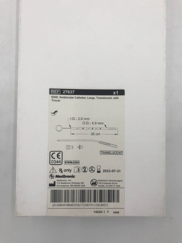 MEDTRONIC 27637  EDM Ventricular Catheter Large Translucent w/Trocar 35cm (X)
