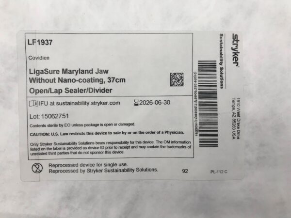 COVIDIEN LF1937 LigaSure Maryland Jaw w/o Nano-Coating Open/Lap Sealer/Divider 37cm (Reprocessed Stryker)