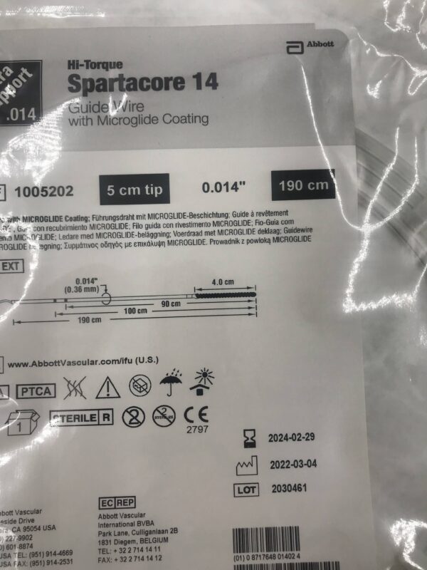 ABBOTT 1005202 Hi-Torque Spartacore 14 Guide Wire w/Microglide Coating 5cm Tip 0.014" x 190cm (X)