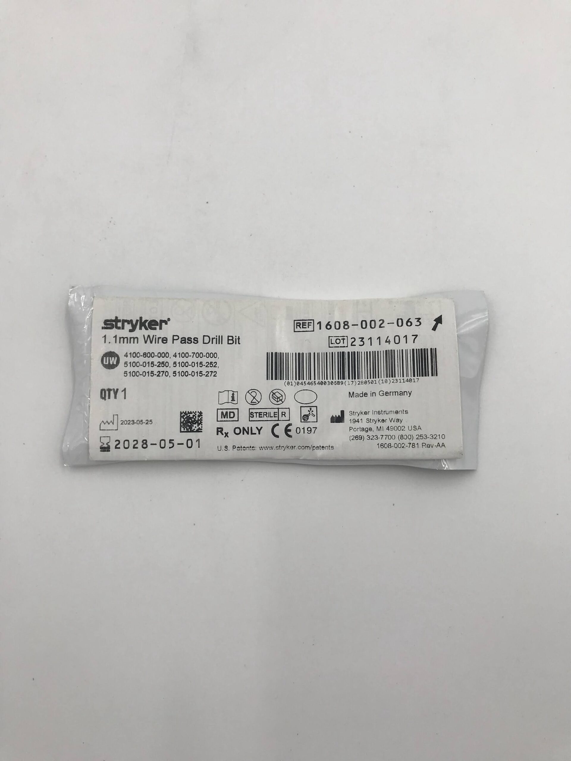 STRYKER 1608-002-063 Wire Pass Drill Bit 1.1mm