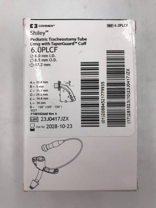 COVIDIEN 6.0PLCF Shiley Pediatric Tracheostomy Tube Long w/ TaperGuard Cuff 6mm x 8.5mm x 17.2mm