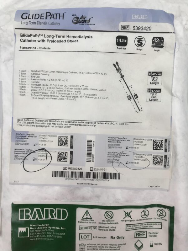 BARD 5393420 GlidePath Long-Term Hemodialysis Catheter w/ Preloaded Stylet Standard Kit 14.5F x 42mm (X)