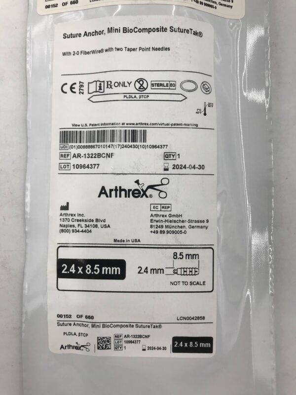 ARTHREX AR-1322BCNF Suture Anchor, Mini BioComposite SutureTak 2.4x8.5mm (X)