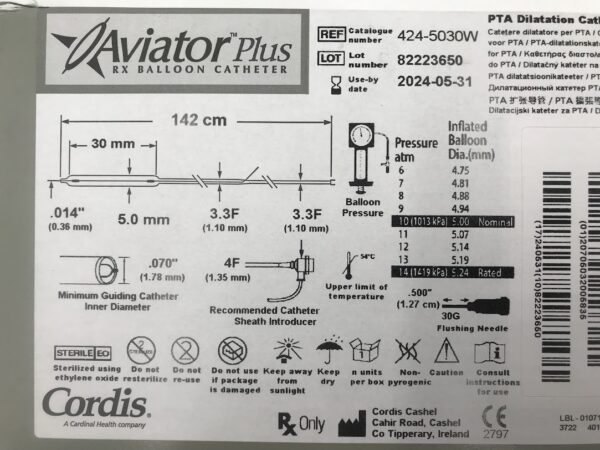 CORDIS 424-5030W Aviator Plus RX Balloon Catheter 5.0mm x 30mm x 142cm (X)