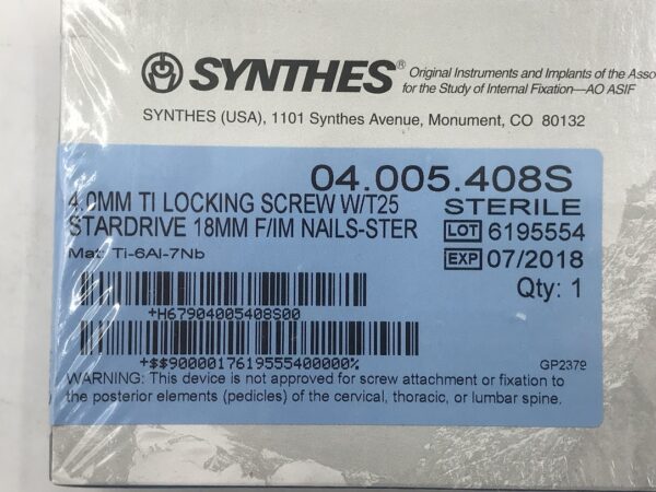 SYNTHES 04.005.408S TI locking Screw W/T25 Stardrive 4.0mm x 18mm F/IM Nails (X)