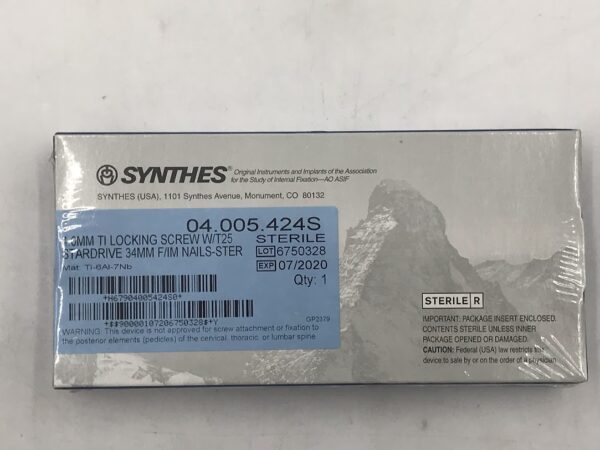 SYNTHES 04.005.424S TI Locking Screw W/T25 Stardrive 4.0mm x 34mm F/IM Nail (X)