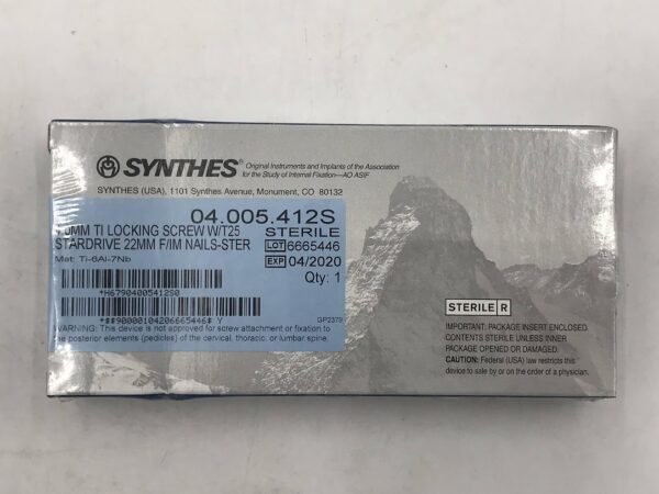 SYNTHES 04.005.412S TI Locking Screw w/T25 Stardrive 4.0mm x 22mm F/IM Nail (X)