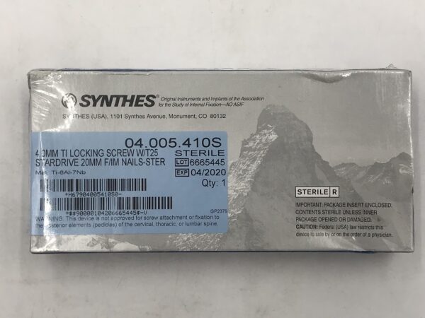 SYNTHES 04.005.410S TI Locking Screw w/T25 Stardrive 4.0mm x 20mm F/IM Nail (X)