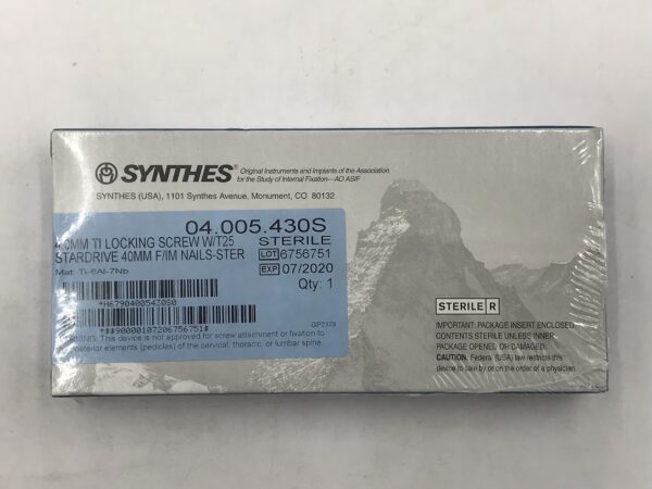 SYNTHES 04.005.430S TI Locking Screw w/T25 Stardrive 4.0mm x 40mm F/IM Nail (X)
