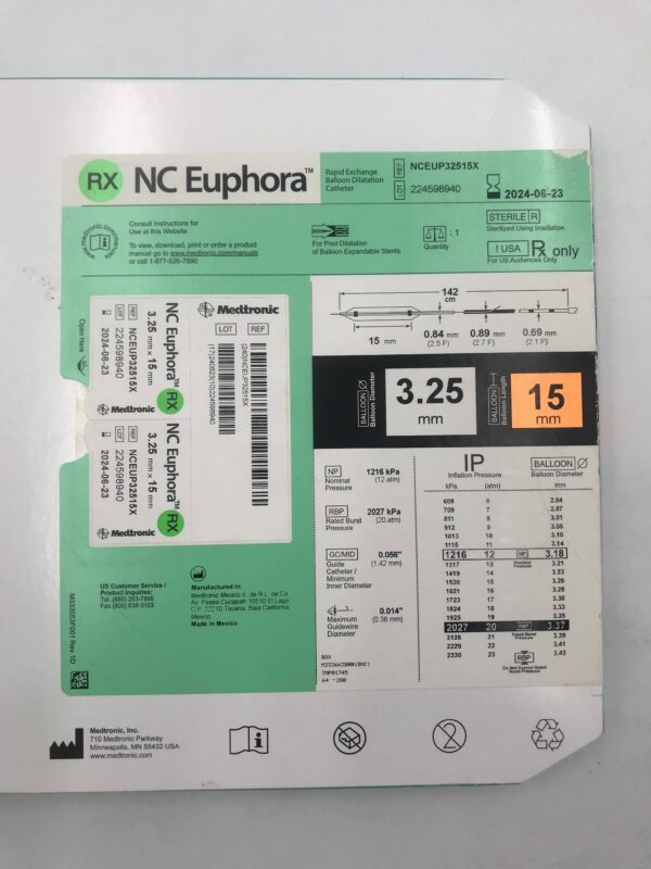 MEDTRONIC NCEUP32515X NC Euphora Rapid Exchange Balloon Dilatation Catheter 2.5F-2.7F x 3.25x15mm (X)