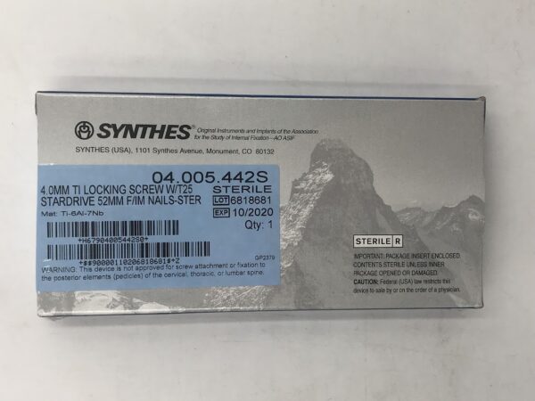SYNTHES 04.005.442S TI Locking Screw w/T25 Stardrive 4.0mm x 52mm F/IM Nail (X)