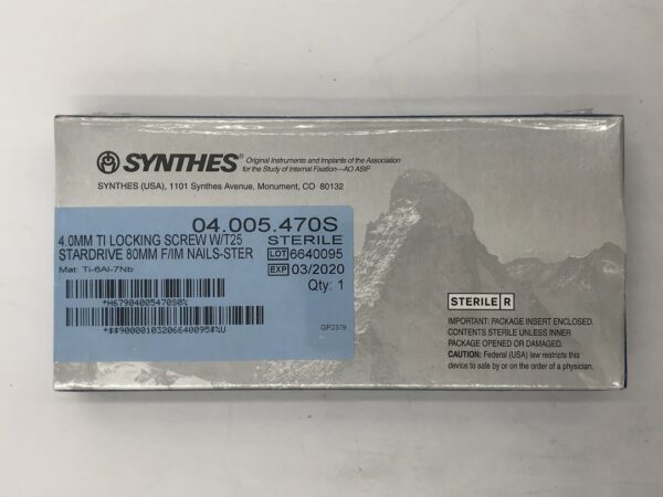 SYNTHES 04.005.470S TI Locking Screw w/T25 Stardrive 4.0mm x 80mm F/IM Nail (X)