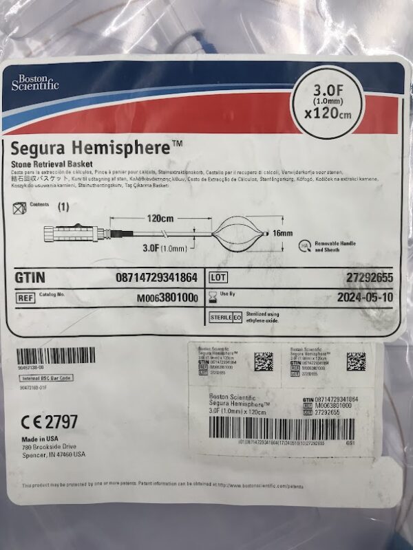 BOSTON SCIENTIFIC 380100 Segura Hemisphere Stone Retrieval Basket 3.0F x 120cm (X)