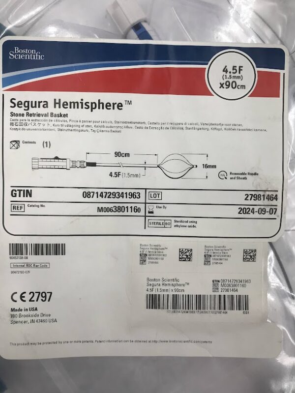 BOSTON SCIENTIFIC 380116 Segura Hemisphere Stone Retrieval Basket 4.5F x 90cm (X)