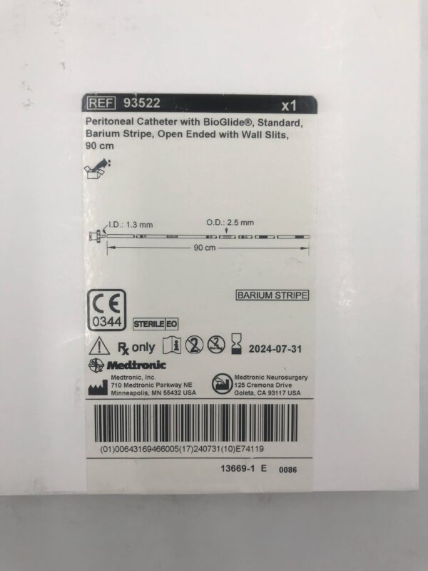 MEDTRONIC 93522 Peritoneal Catheter w/ BioGlide Standard, Barium Strip, Open Ended w/ Wall Slits 90cm (X)