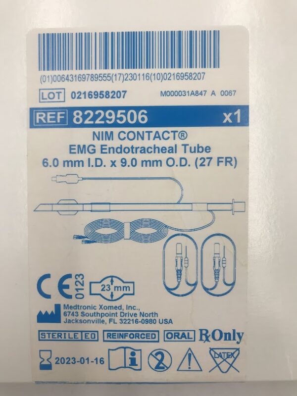 MEDTRONIC 8229506 NIM Contact EMG Endotracheal Tube 6.0mm I.D. x 9.0mm O.D. (27Fr) (X)
