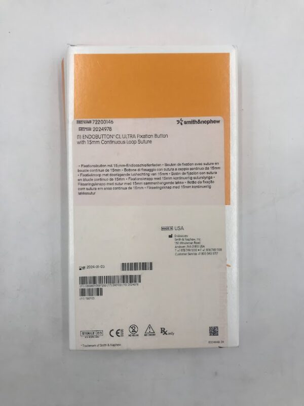 SMITH & NEPHEW 72200146 Endobutton CL Ultra Fixation Button w/15mm Continuous Loop Suture (X)