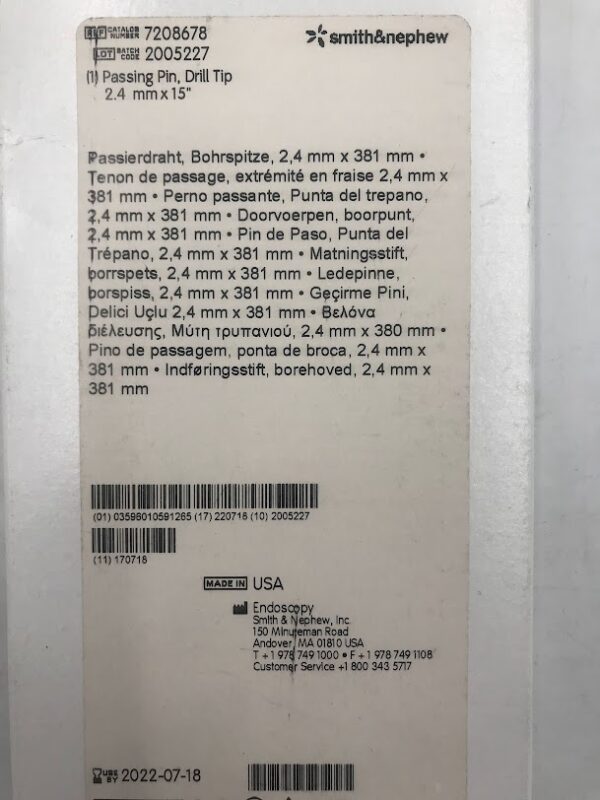 SMITH & NEPHEW 7208678 Passing Pin Drill Tip 2.4mm x 15" (X)