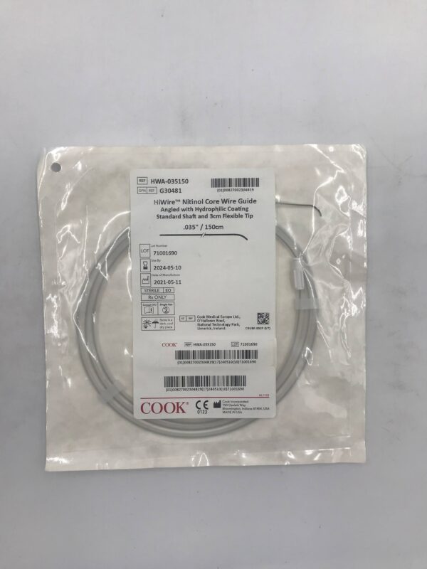 COOK G30481 HiWire Nitinol Core Wire Guide Angled w/ Hydrophilic Coating, Standard Shaft and Flexible Tip 3cm x .035"/150cm (X)