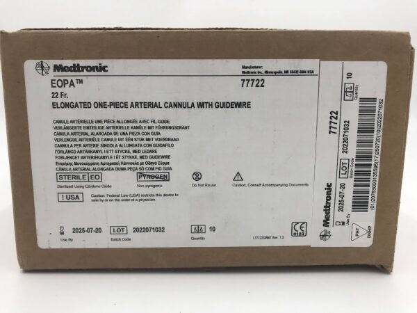 MEDTRONIC 77722 EOPA Elongated One-Piece Arterial Cannula w/Guidewire 22Fr (10/Box)
