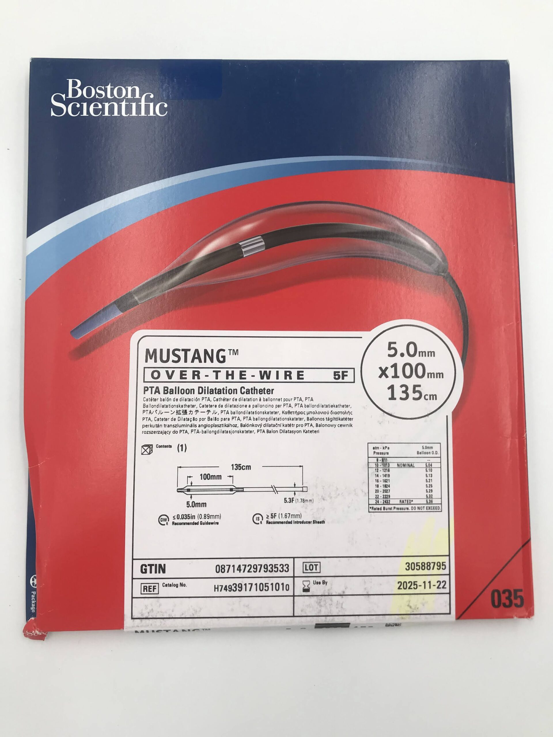 BOSTON SCIENTIFIC 3917105101 MUSTANG OTW PTA Balloon Dilatation Catheter 5F x 5mm x 100mm x 135cm (X)