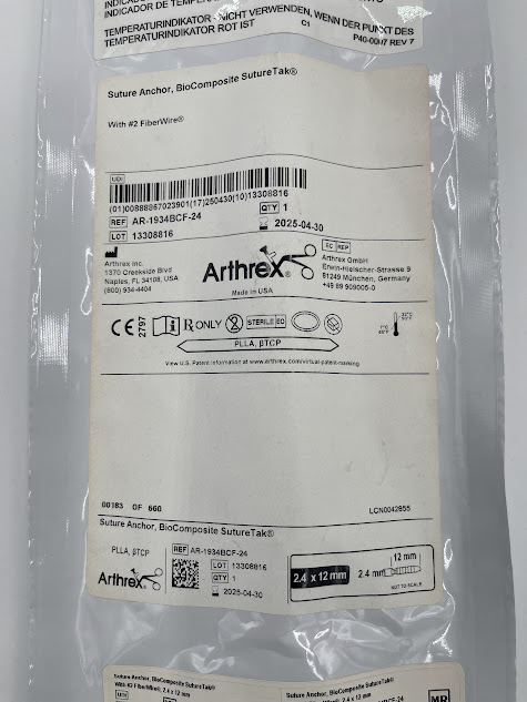 ARTHREX AR-1934BCF-24 Suture Anchors, BioComposite SutureTak 2.4 x 12mm (X) - Image 2