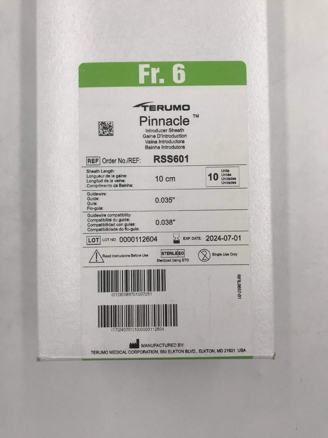 TERUMO RSS601 Pinnacle Introducer Sheath 6F x 10cm (10/Box)(X