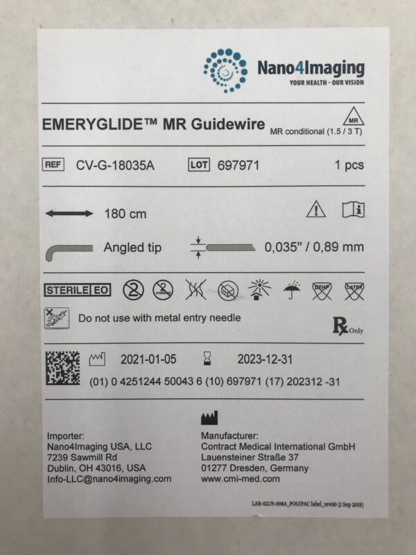 CONTRACT MEDICAL CV-G-18035A Nano4Imaging Emeryglide MR Glide, Angled Tip 180cm (X)